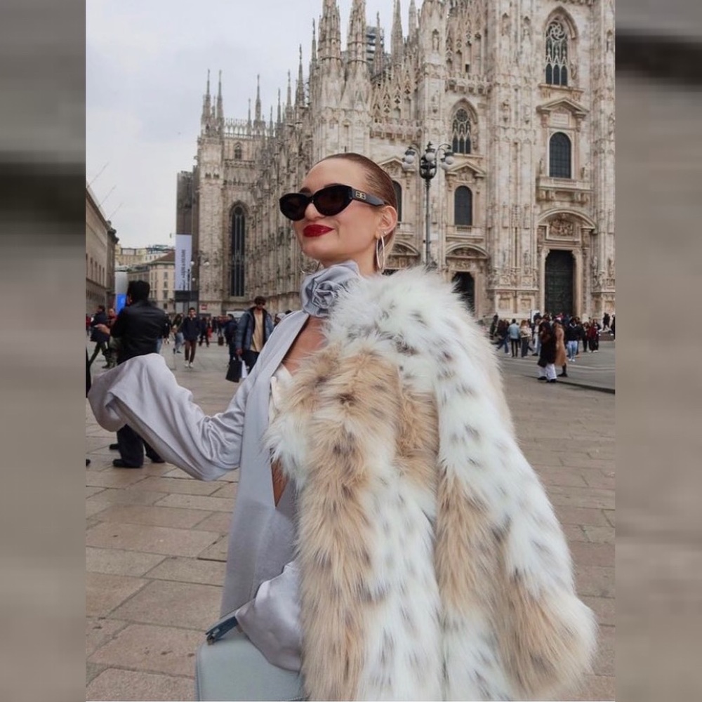 Unreal Fur White and Tan Faux Fur Coat